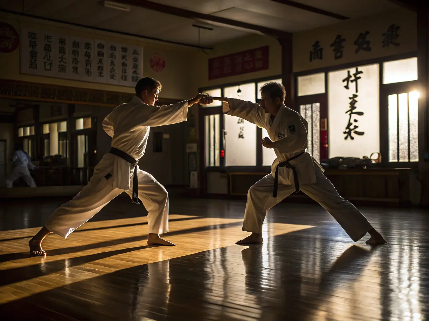 A dynamic image of students practicing Karate-Do techniques in a dojo, emphasizing focus and precision.